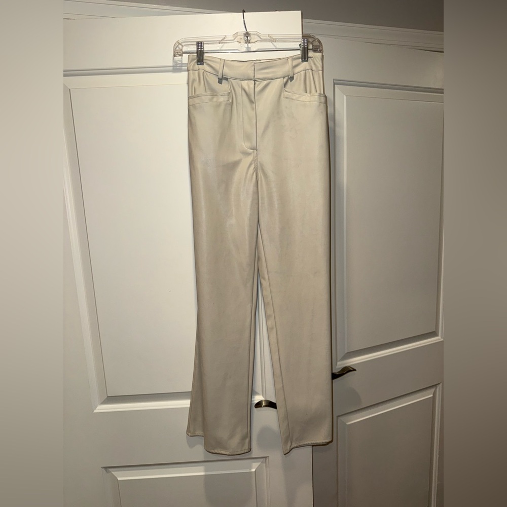 En Saison Faux Leather Cream Straight-Leg Dress Pants